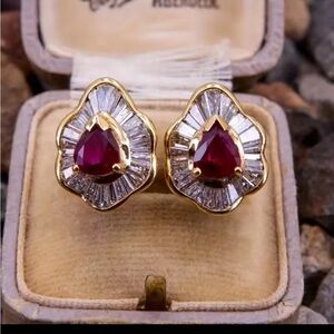 Anthropologie Gold Teardrop Ruby & Clear Crystal Fan Earrings